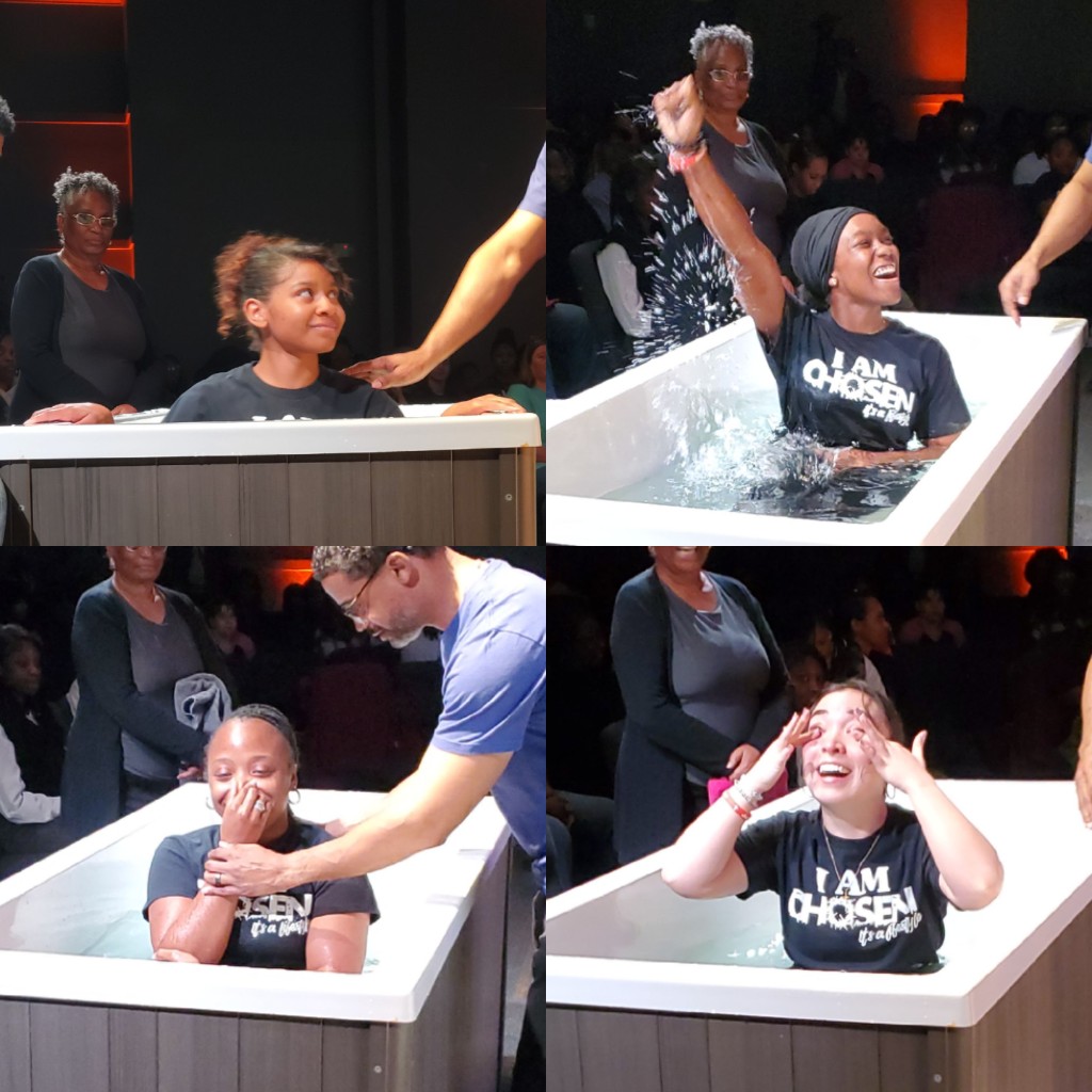 Baptism celebration moments from a Chosen service.